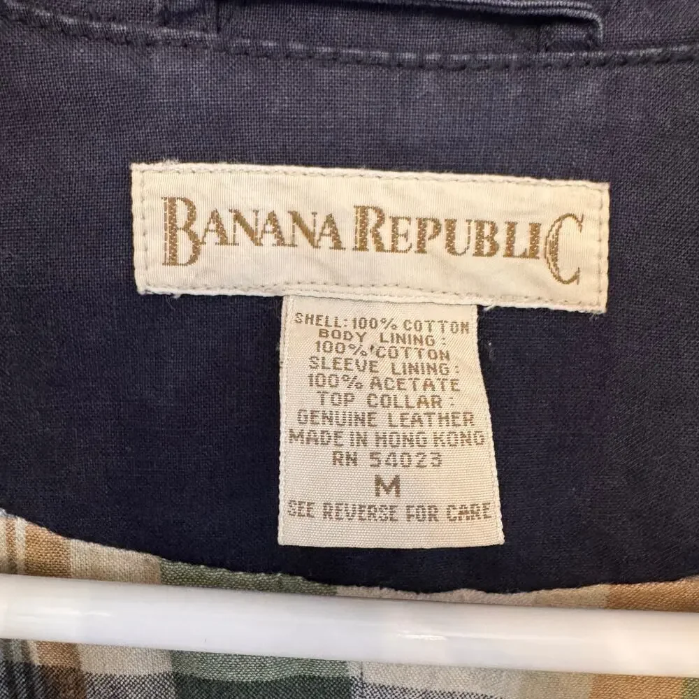 VTG Banana Republic Leather Collared Plaid Lined Chore Jacket Blue MED Utility